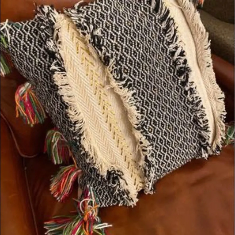 Anthropologie | Tasseled Retrograde Pillow Black Ivory Gold Embroidered